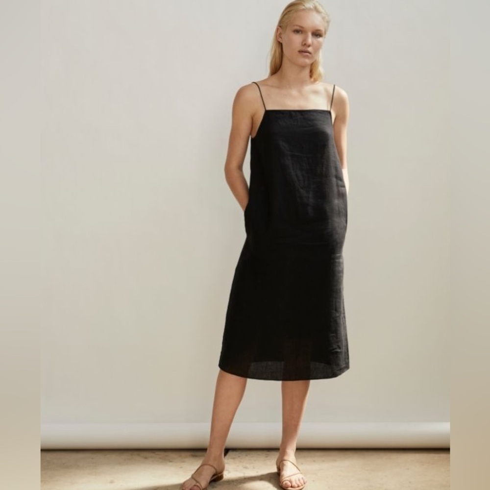 Jac + Jack Navy Linen & Silk Midi Dress with Spaghetti Straps